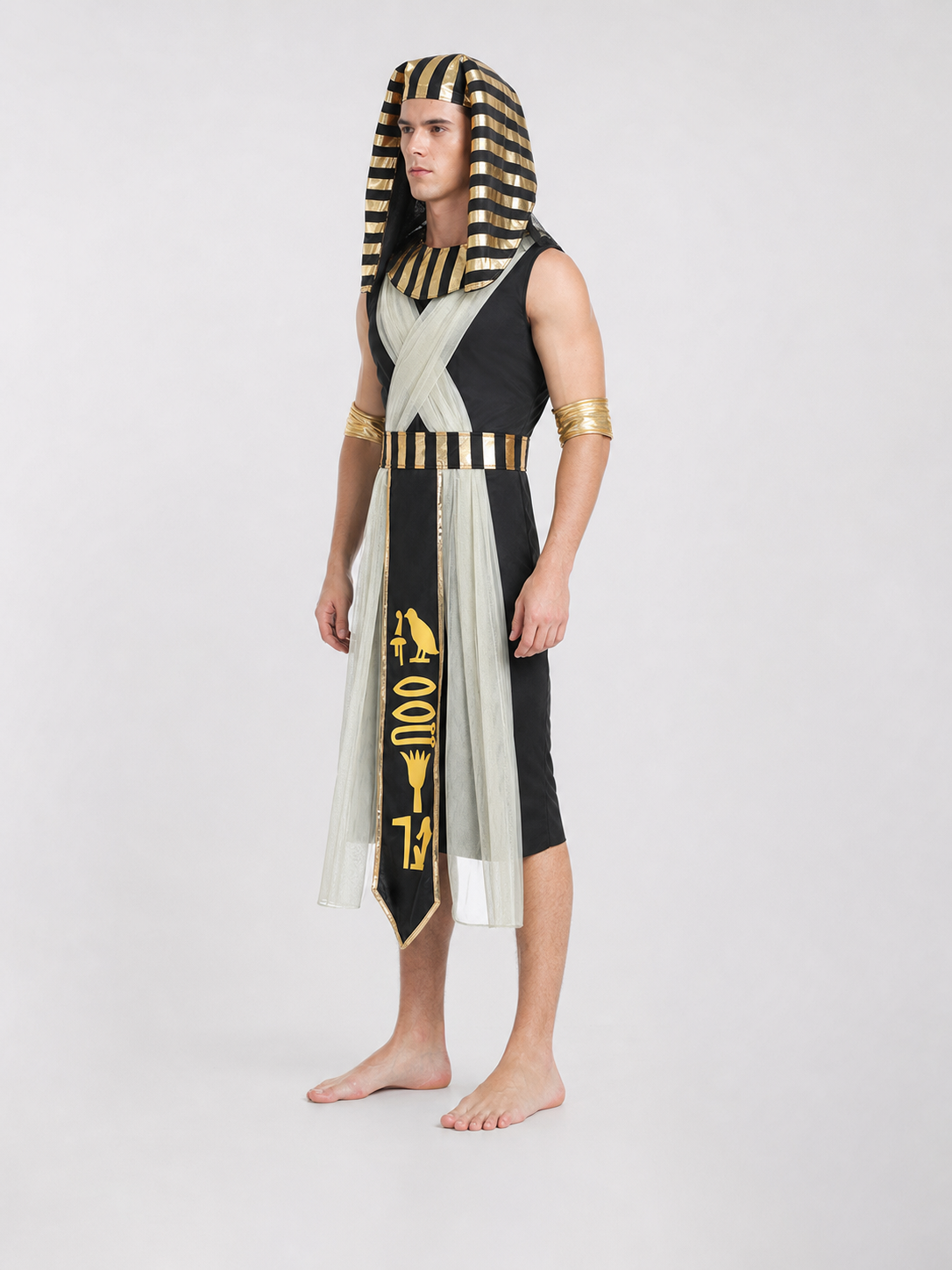 Men’s Egyptian Pharaoh Halloween Costume Set, 4-Piece Role Play Outfit with Headpiece, Neck Ornament and Belt for Cosplay Stage Performance
