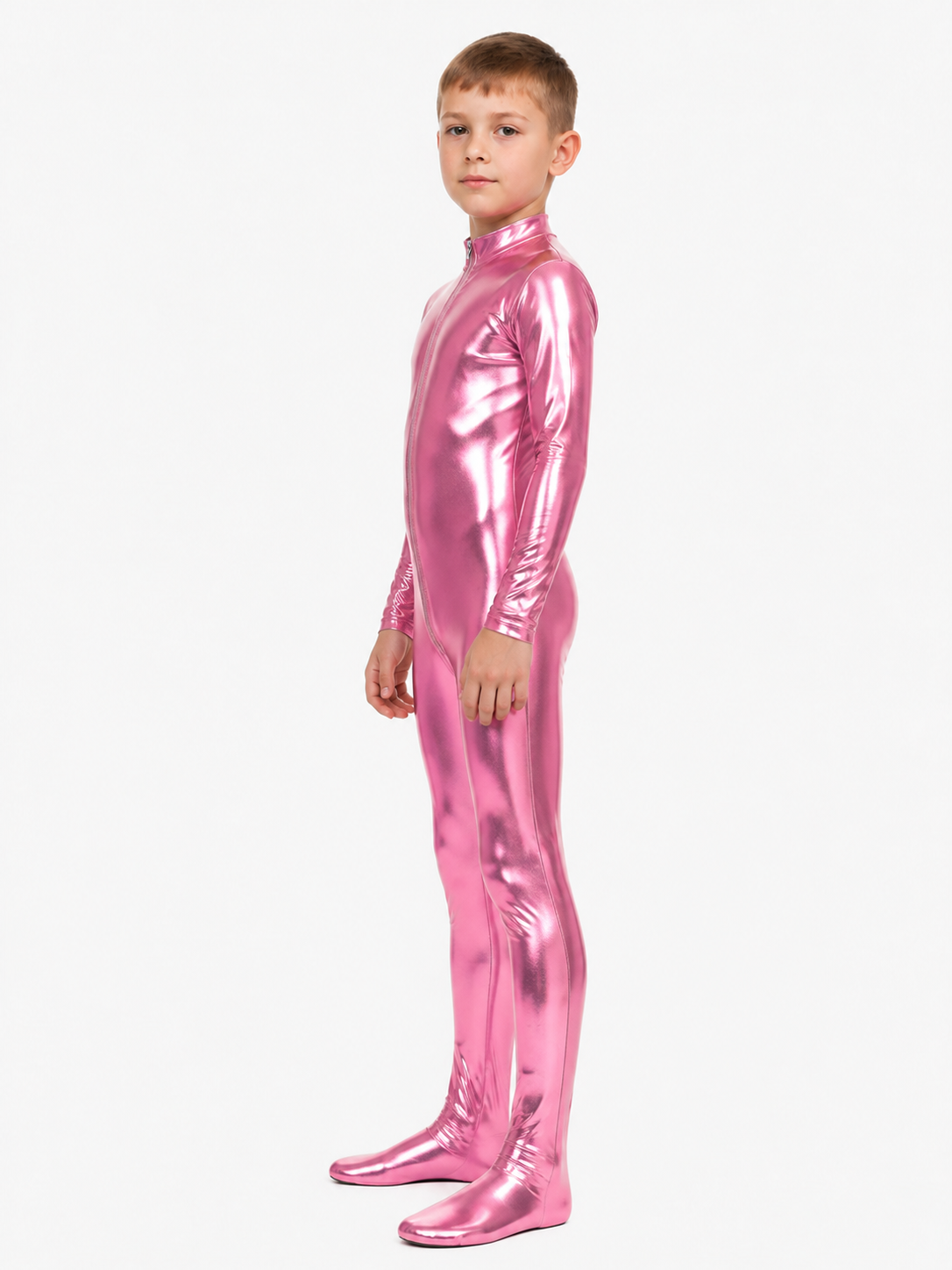 Men's Shiny Pink Stage Jumpsuit with Zipper side view