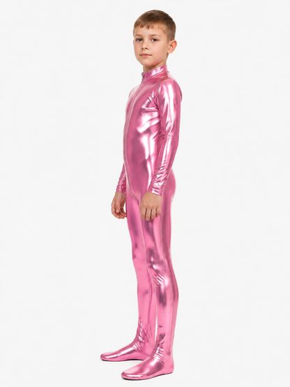 Men's Shiny Pink Stage Jumpsuit with Zipper side view