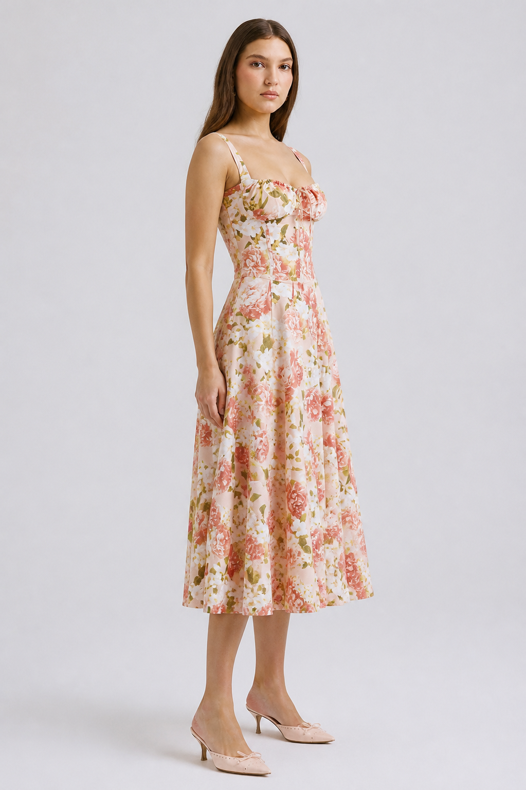 Spaghetti-Strap Dress with a Square Neckline and Floral Print side view