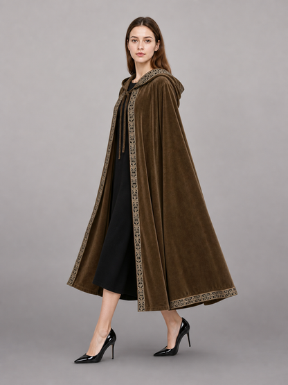 Long Hooded Robe, Brown, Loose Fit side view 2