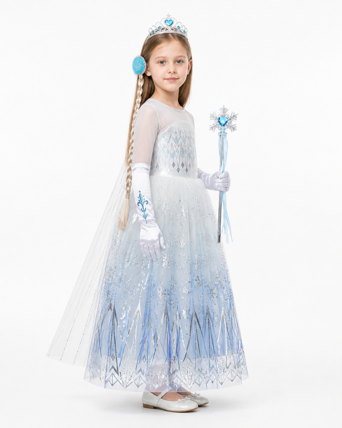 Snow Queen Costume with Dress, Crown, and Wand side view