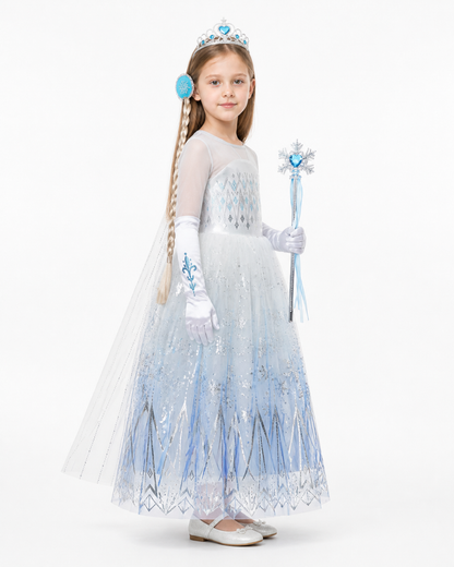 Snow Queen Costume with Dress, Crown, and Wand side view