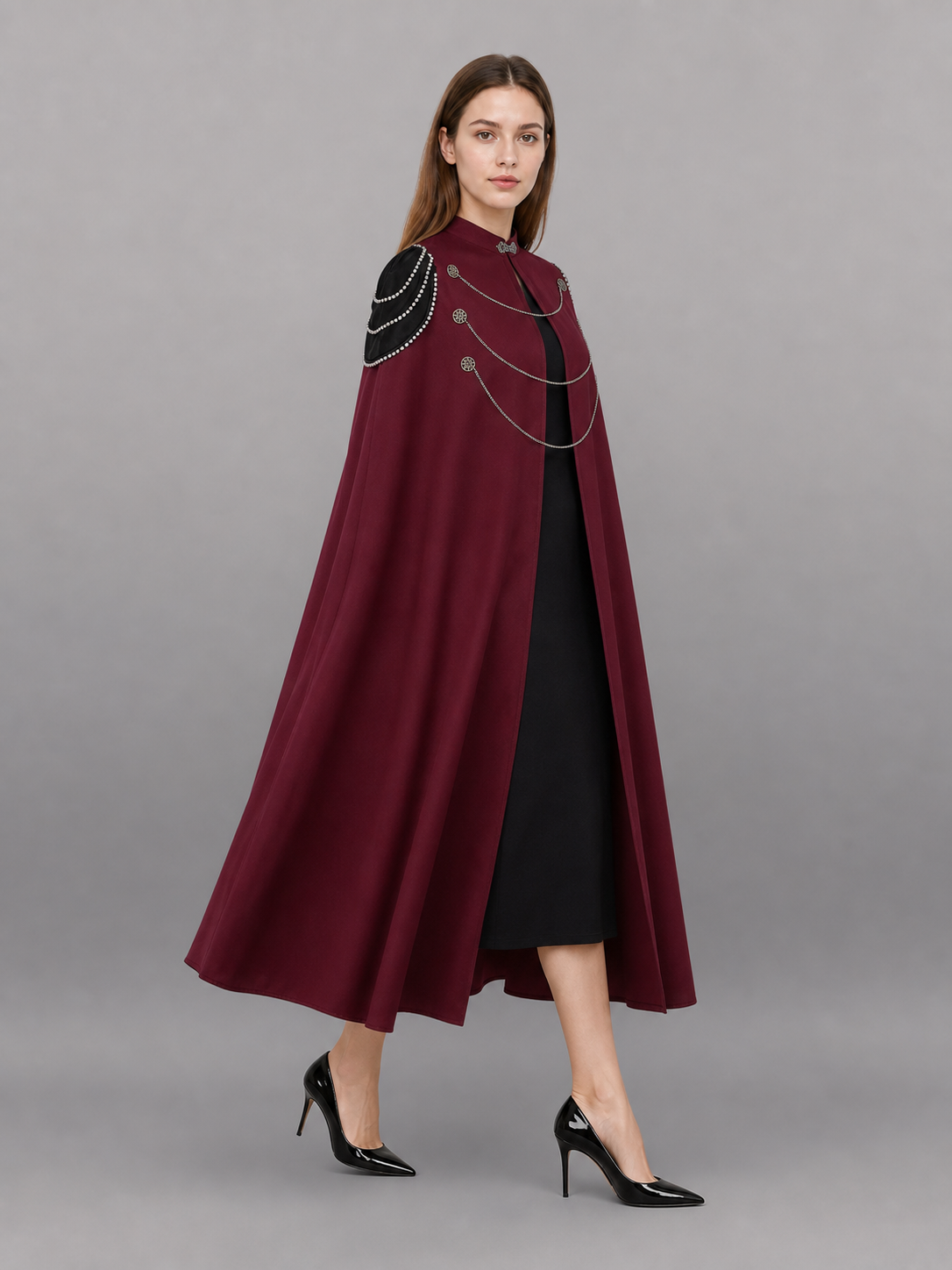 Long burgundy hooded carnival cloak