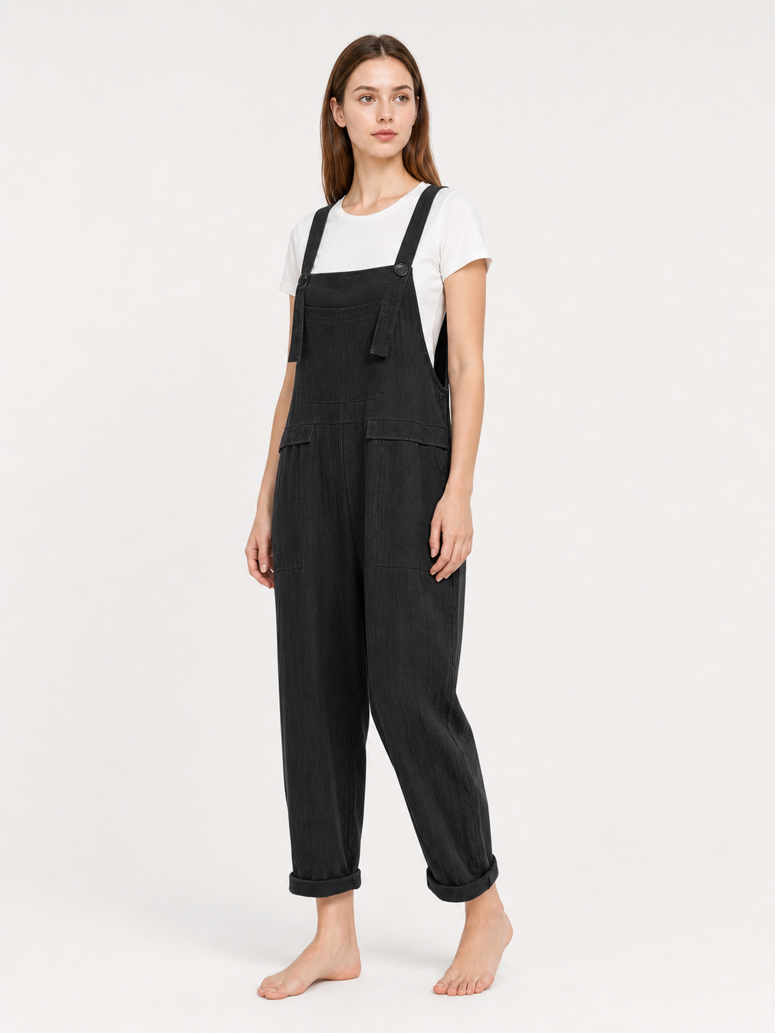 Black Loose-Fit Overalls with Pockets