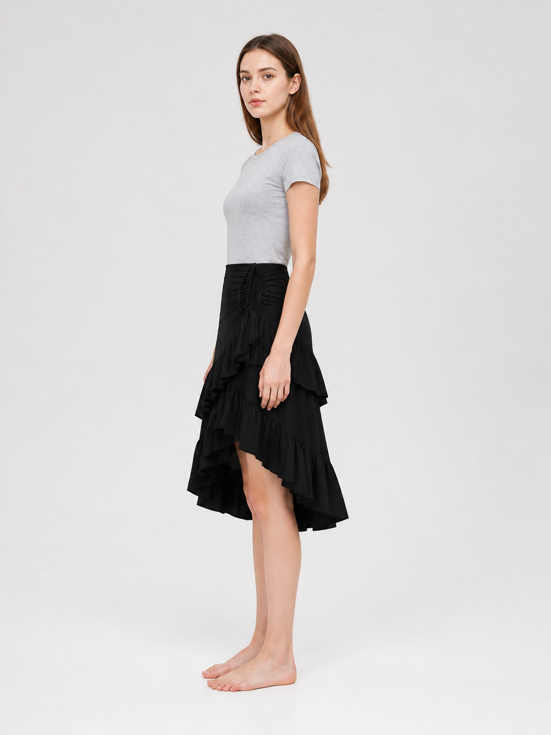 Black Asymmetrical Skirt with Tiered Ruffles side view