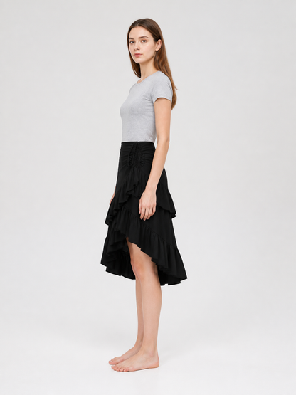 Black Asymmetrical Skirt with Tiered Ruffles side view