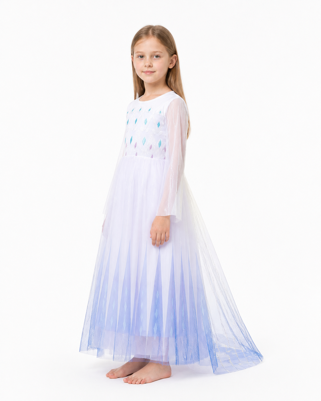 Long Light Blue Carnival Dress with Diamond Patterns side view