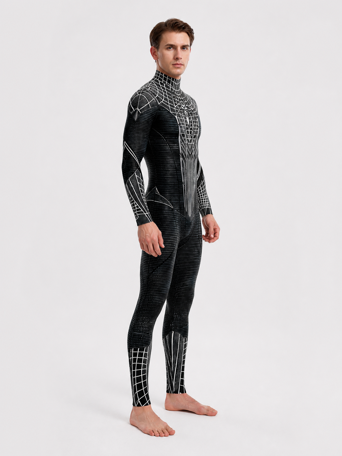 Black and White Spider Jumpsuit with Web Pattern for Cosplay side view
