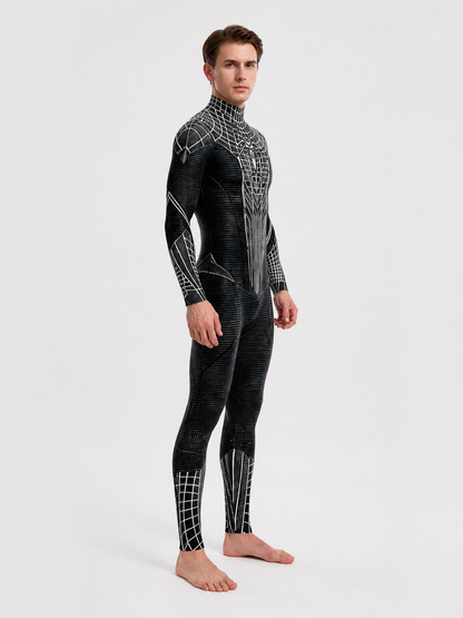 Black and White Spider Jumpsuit with Web Pattern for Cosplay side view