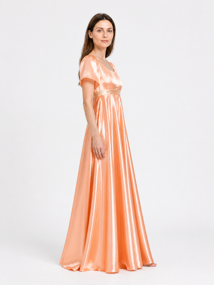 Orange Dress with Puff Sleeves and a High Waist