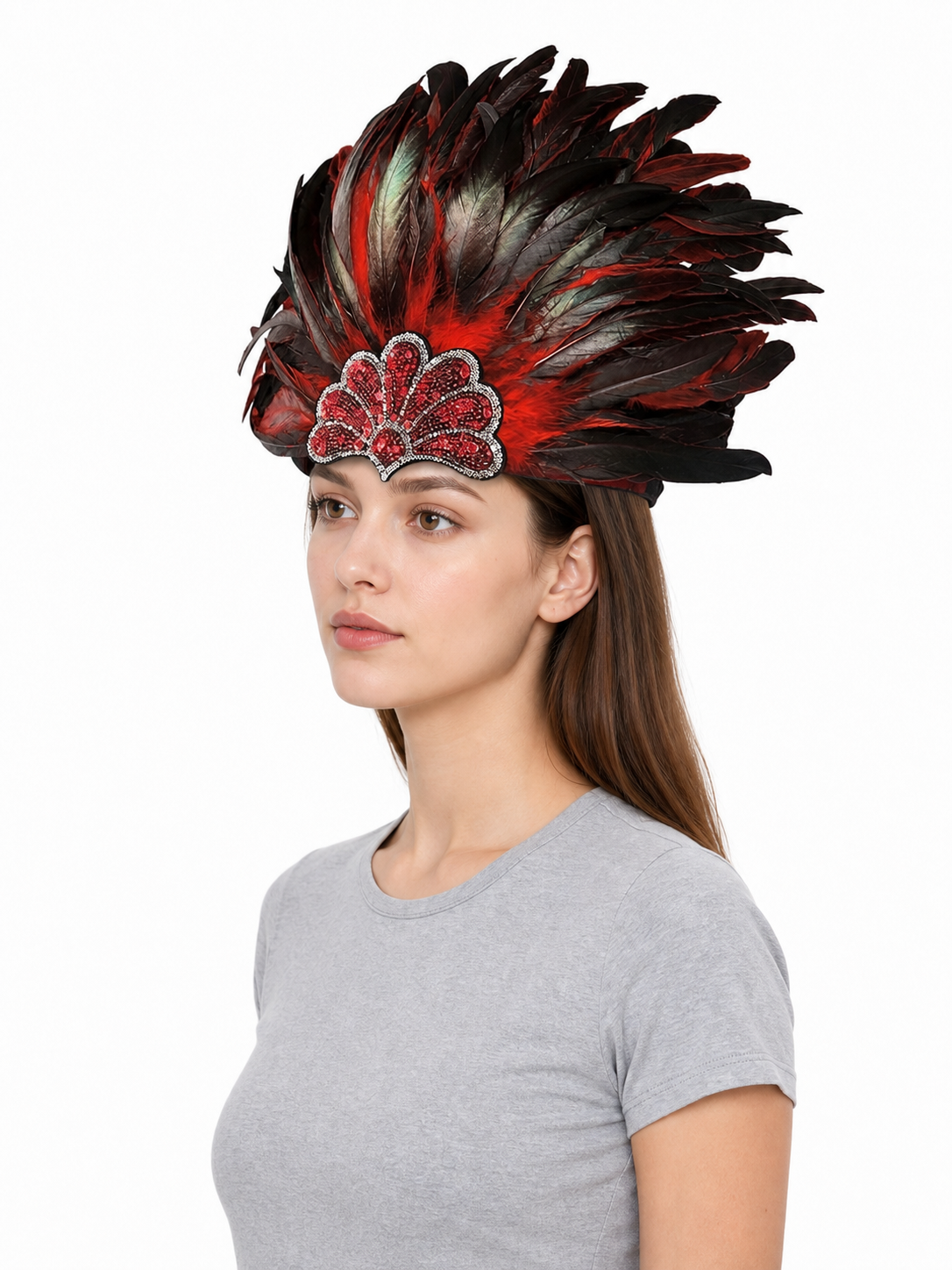 Red and black feather carnival headpiece product view 24