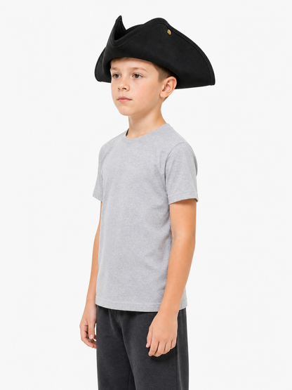 Classic Pirate Hat for Kids, Wide Tricorn Pirate Captain Hat with Raised Pointed Sides and Gold-Colored Accents for Halloween Costume, Dress-Up Play and Themed Parties
