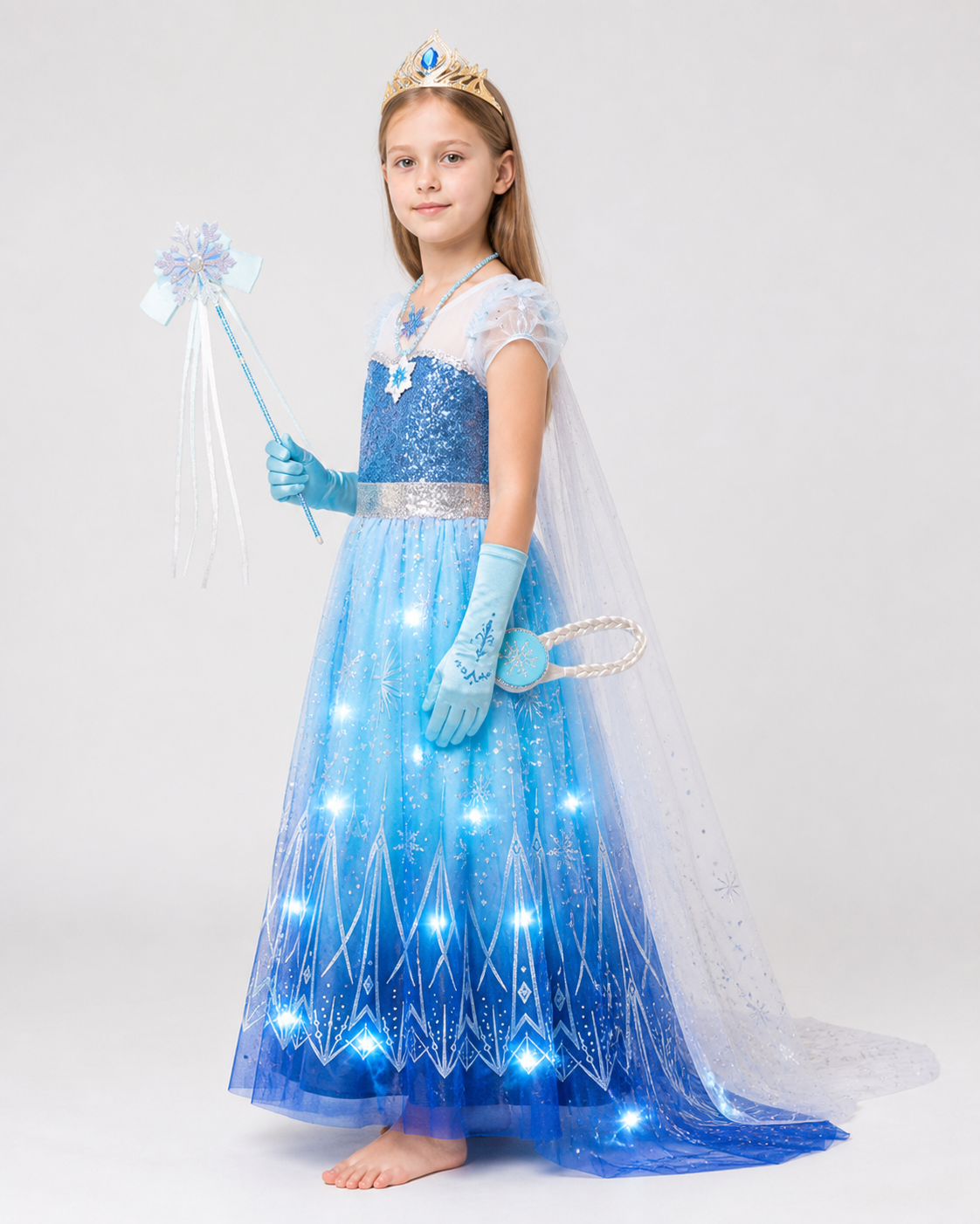 Glowing Elsa Costume with Crown and Snowflakes