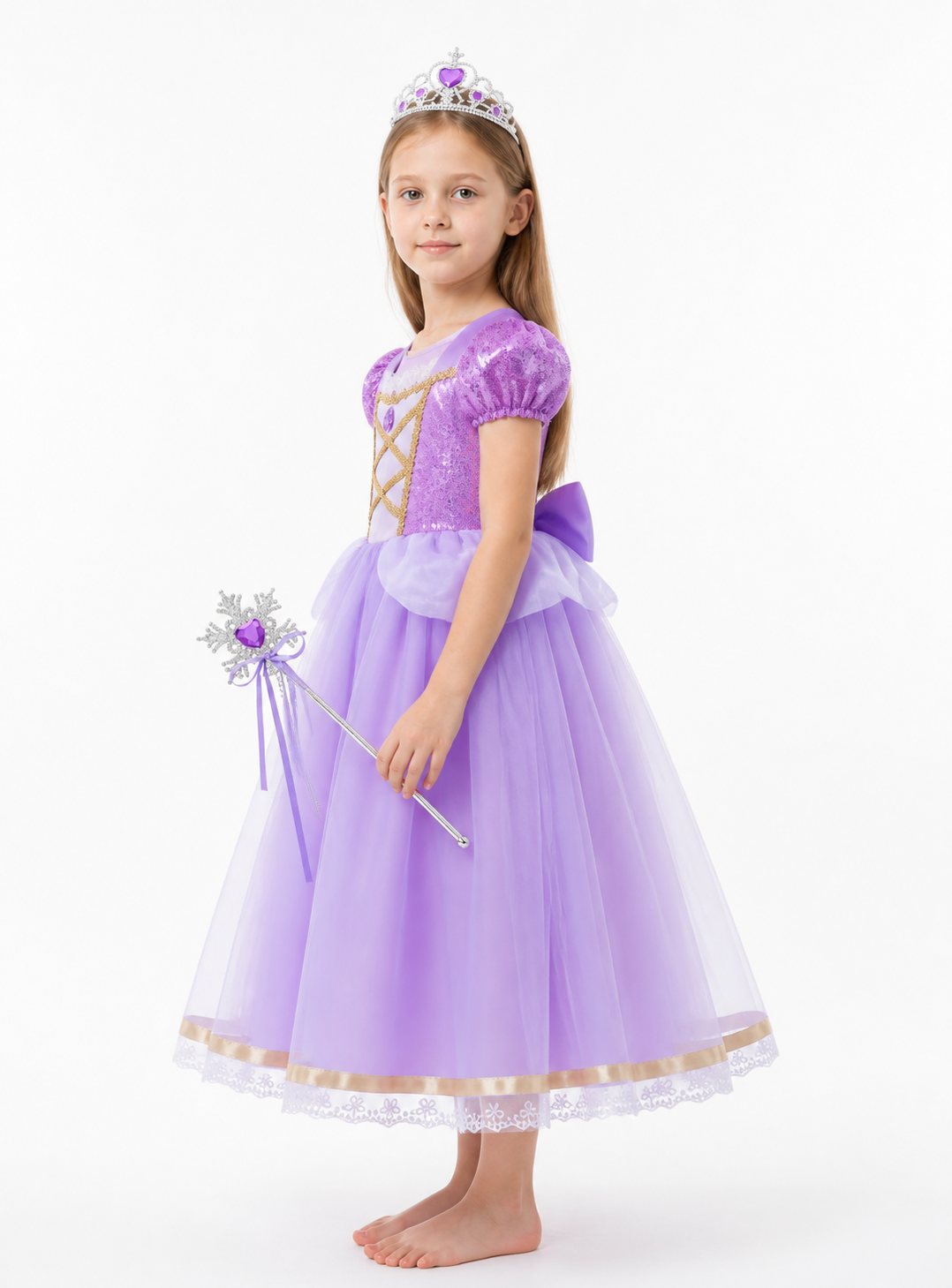 Princess Rapunzel Dress with Crown and Magic Wand side view