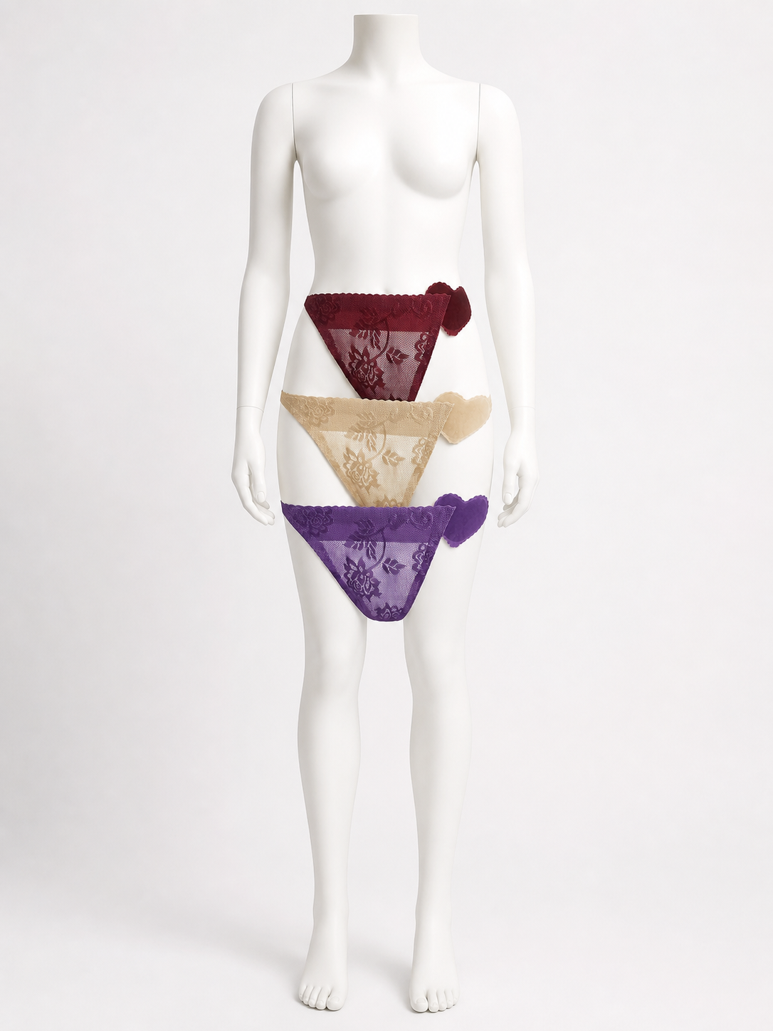 Lace triangle panties, 3-pack (burgundy, nude, purple) side view