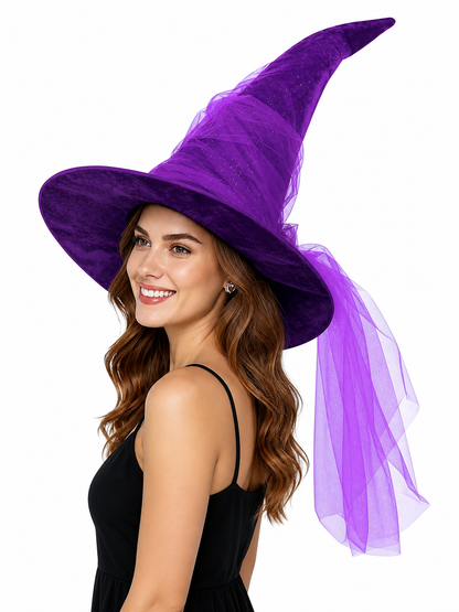 1pc Purple Halloween Witch Hat Wide Brim Crooked Pointed Crown With Sheer Mesh Veil Glitter Detail Costume Accessory