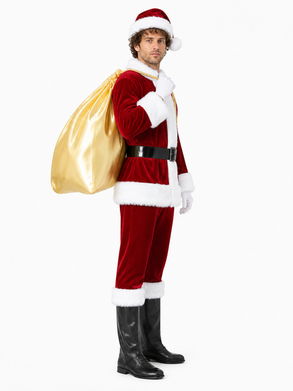 Santa Claus Costume with Bag, Beard, and Gloves side view