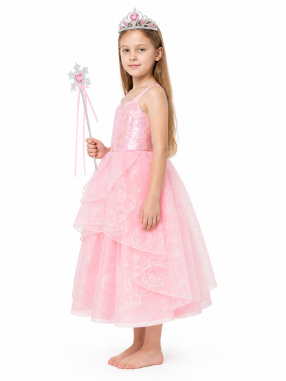 Pink Children's Halloween Costume with Crown and Wand side view