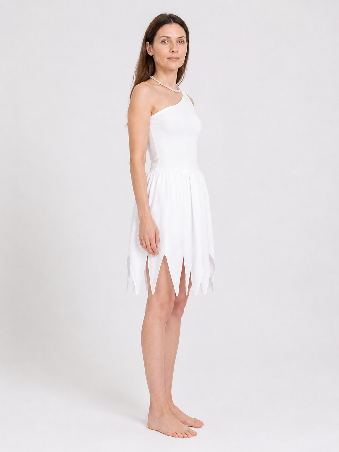 White One-Shoulder Dress with Jagged Hem and Pearls side view