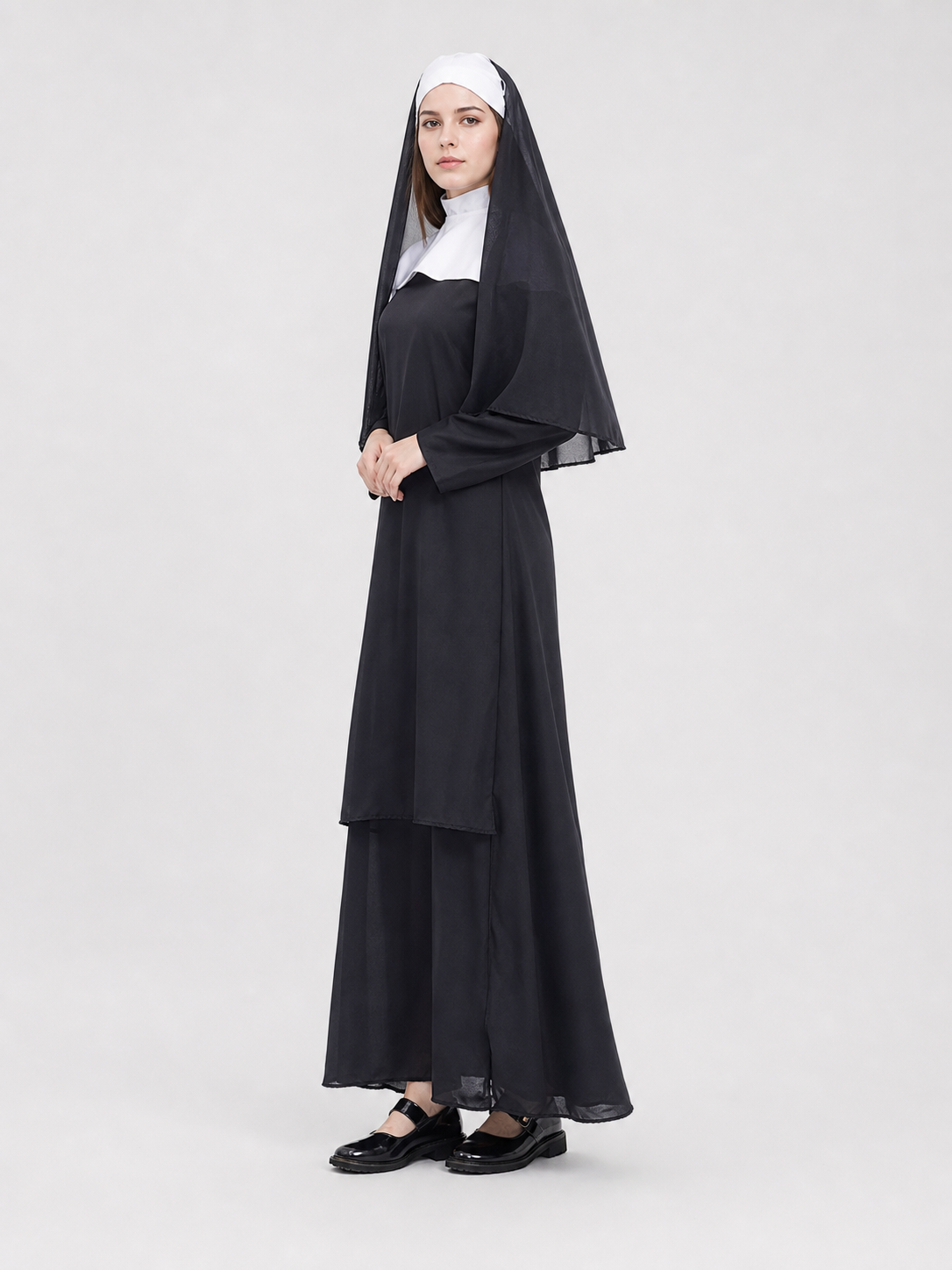 This nun costume is designed for an expressive themed look and is suitable for