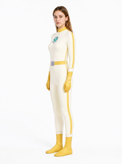 Princess Peach cosplay jumpsuit with a floral pattern side view