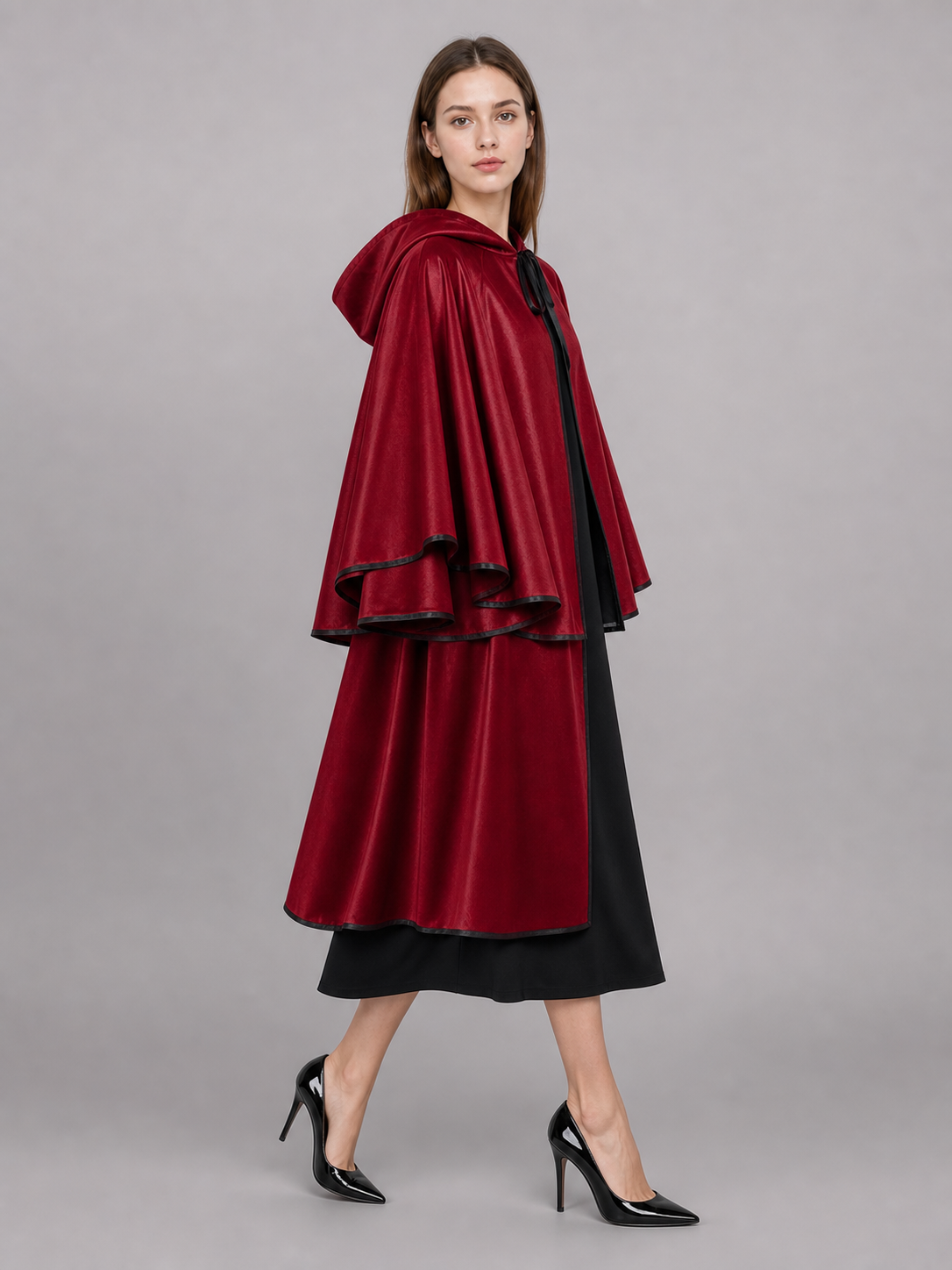 Long Burgundy Carnival Cloak with Hood
