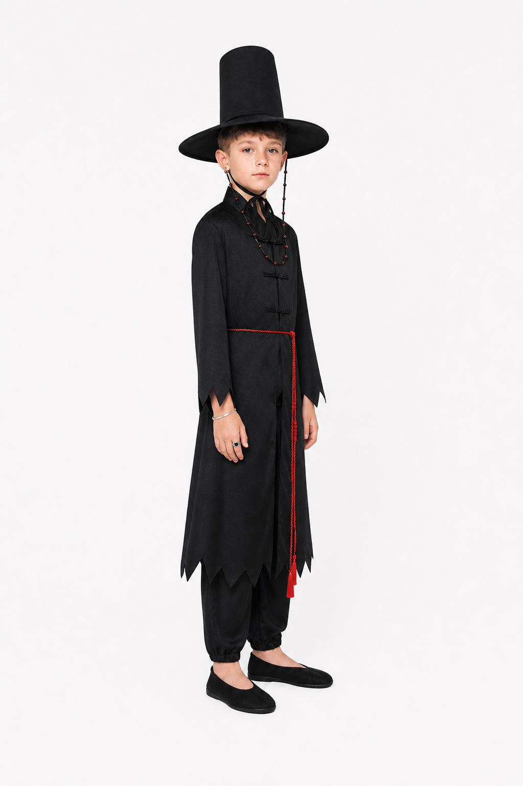 Black Wizard Costume with Cloak and Hat side view