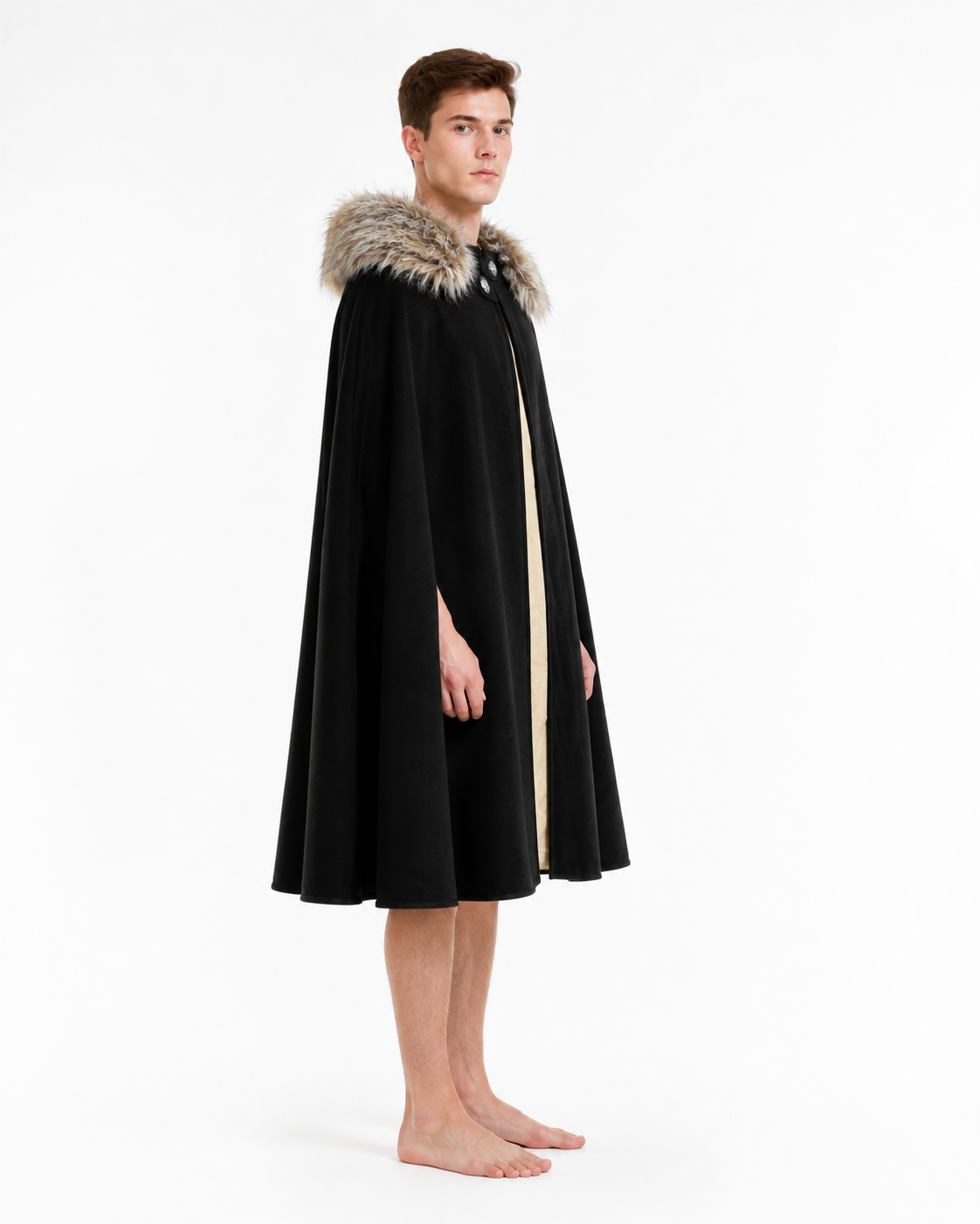 Long Cape with Fur Collar, Black side view