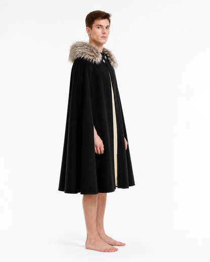 Long Cape with Fur Collar, Black side view