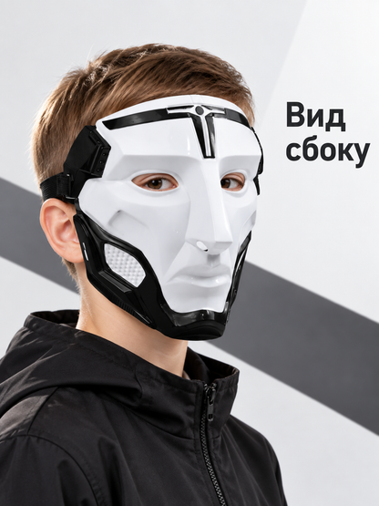 White Glossy Face-Shaped Mask with Black Accents