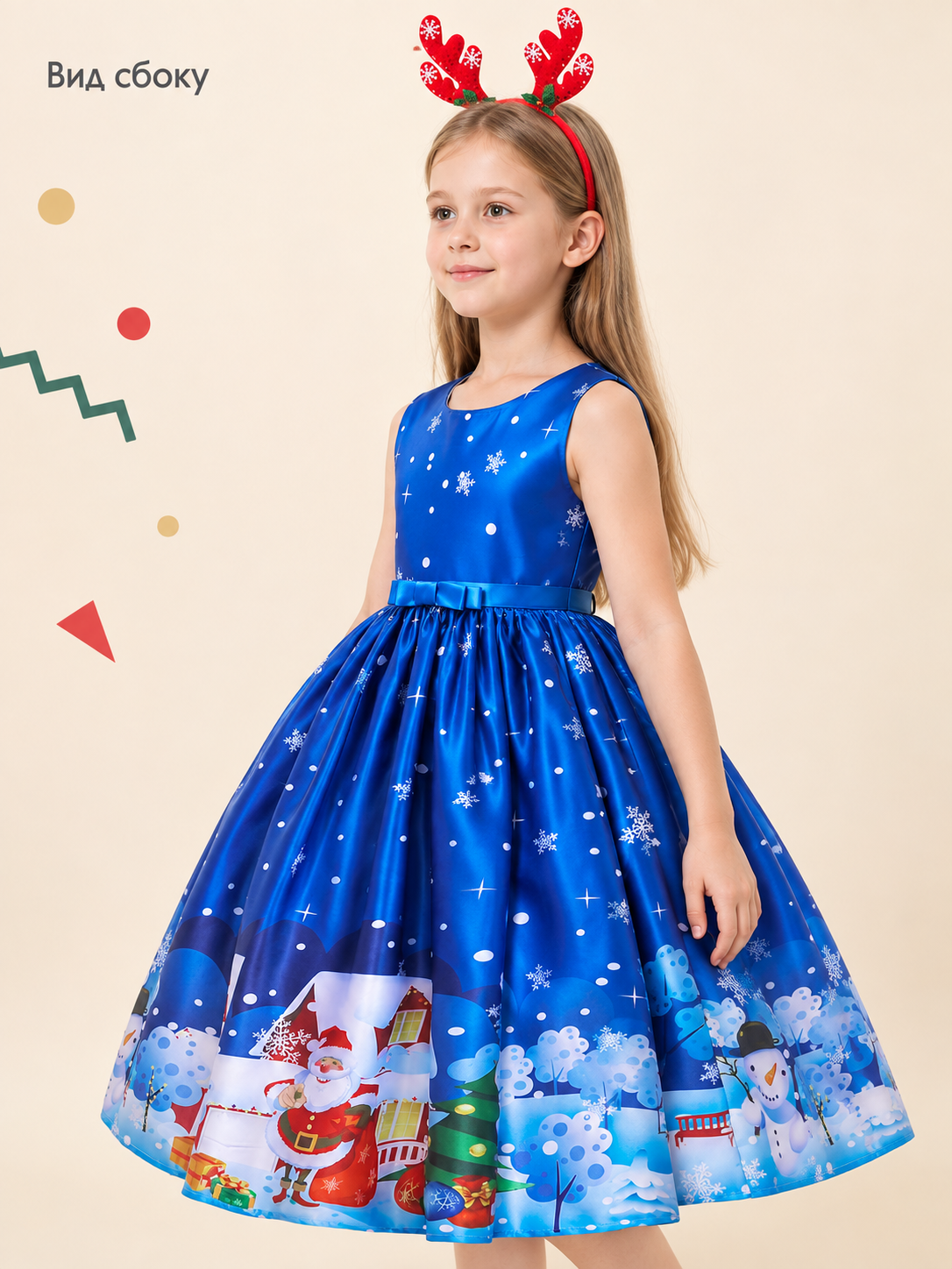 Blue children's holiday dress with Christmas print