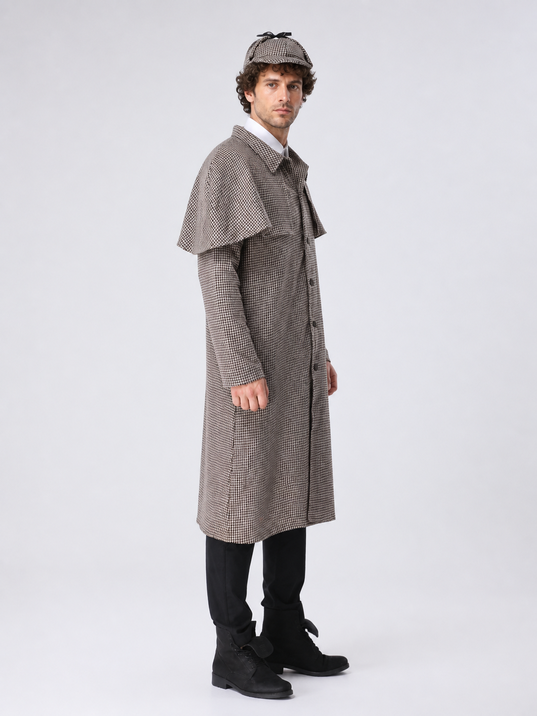 Sherlock Holmes Costume with a Plaid Cape side view