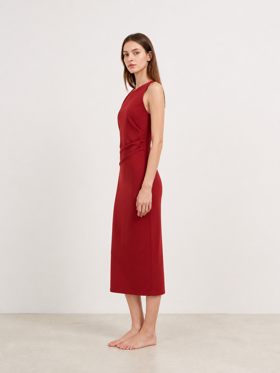 Red Fitted Sleeveless Dress with Draping side view