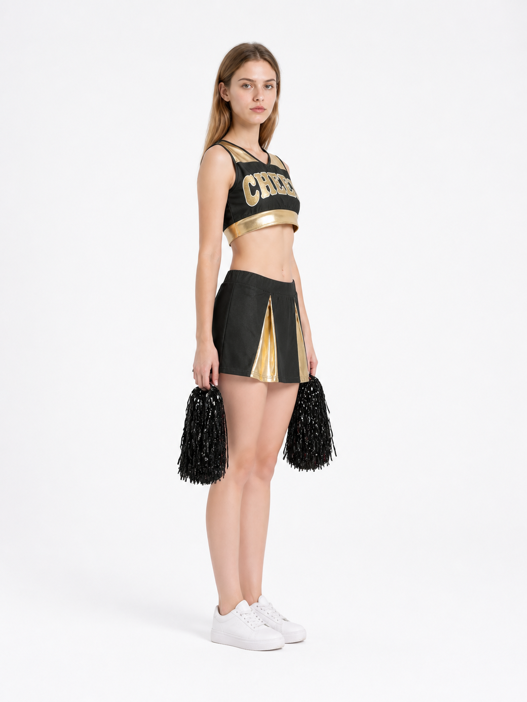 Cheerleading Uniform with Top and Skirt, Black and Gold side view