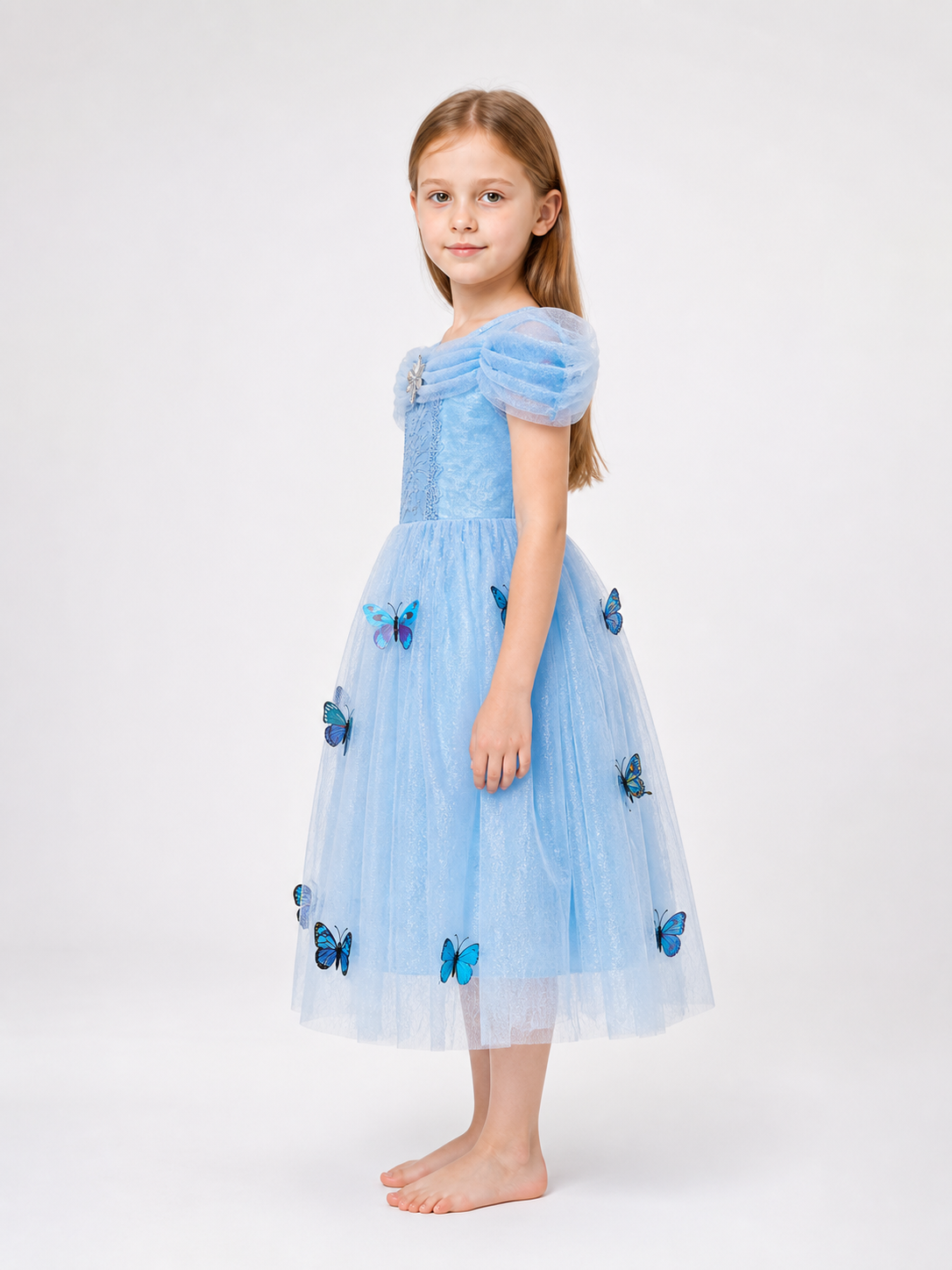 Blue Layered Children's Dress with Butterflies side view