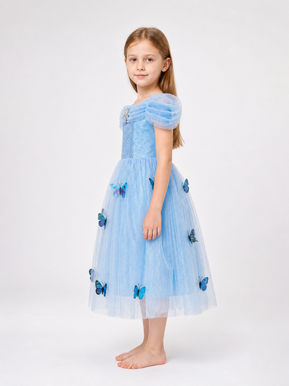 Blue Layered Children's Dress with Butterflies side view