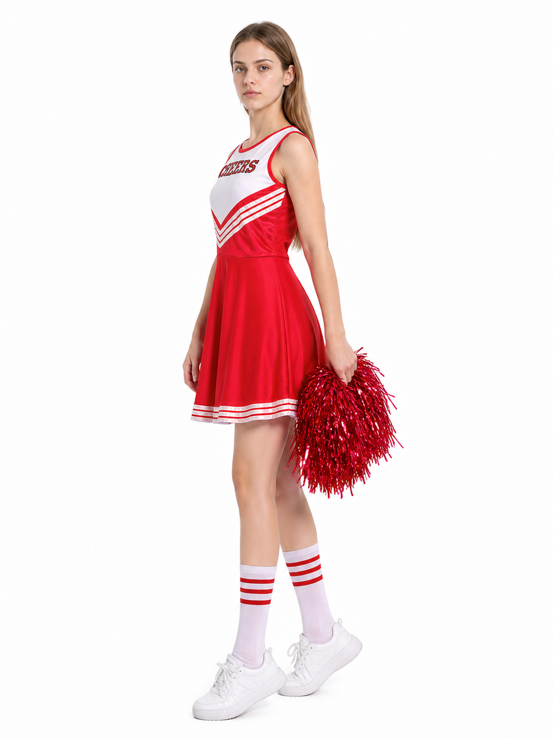 Red Cheerleading Dress with Pom-Poms and Knee-High Socks side view