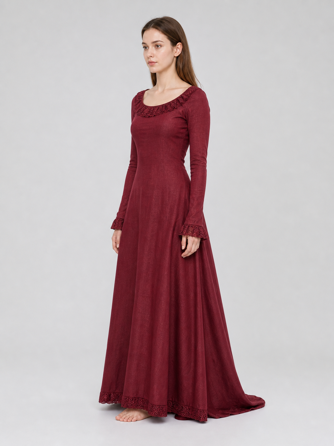 Vintage Burgundy Maxi Dress with Long Sleeves