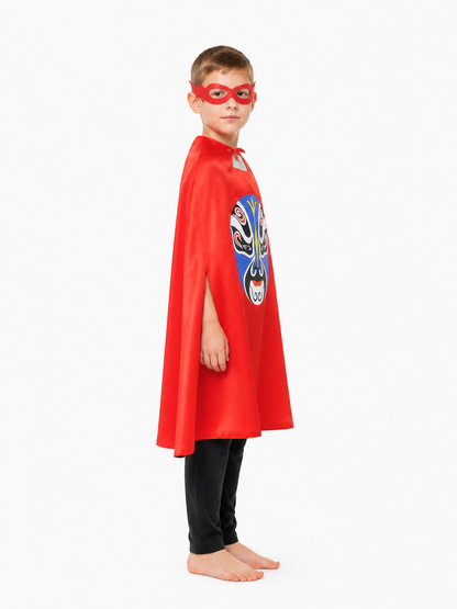 Children's Red Cape with Peking Opera Mask side view