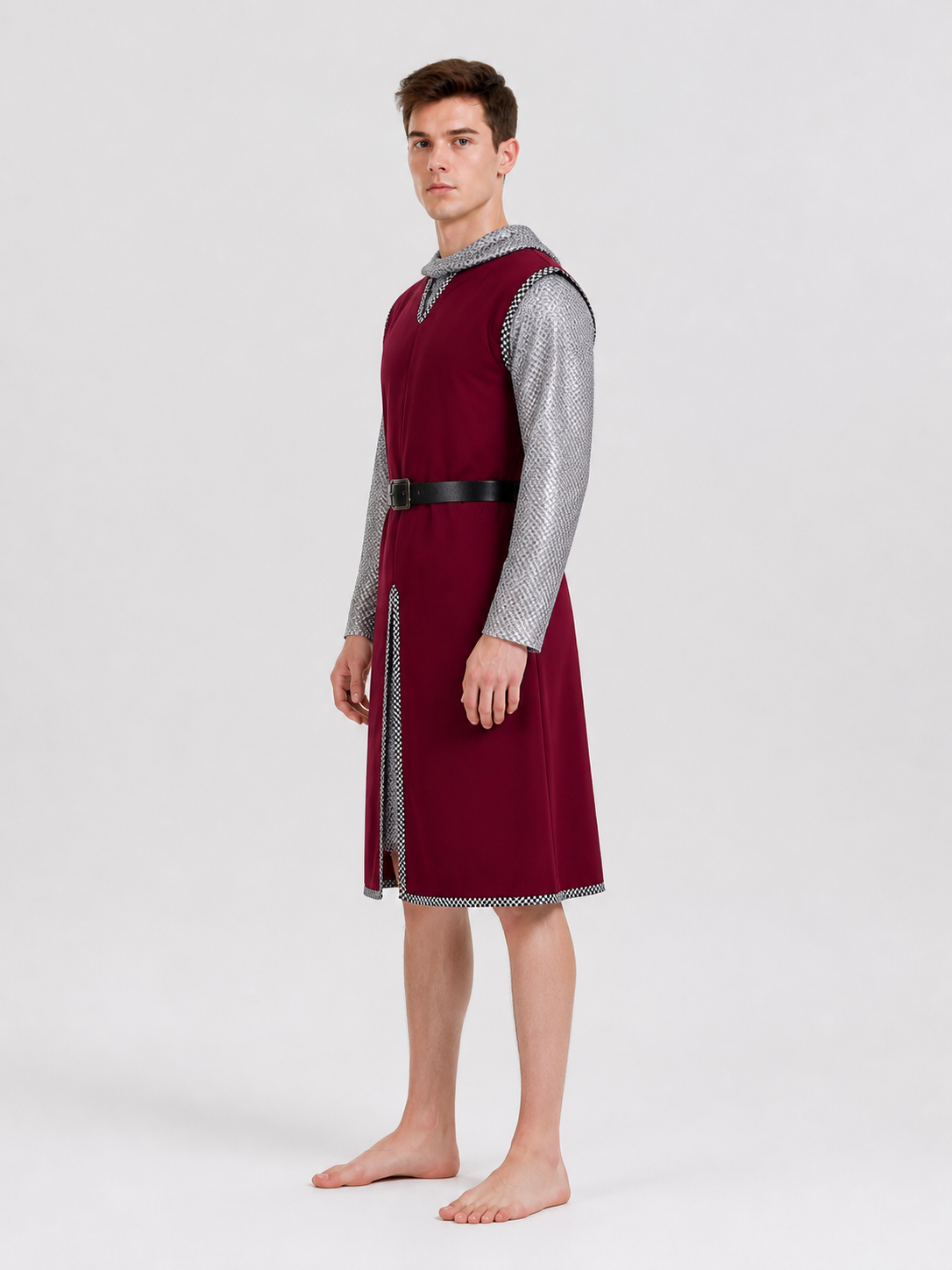 Burgundy Knight Costume with Chainmail and Belt side view