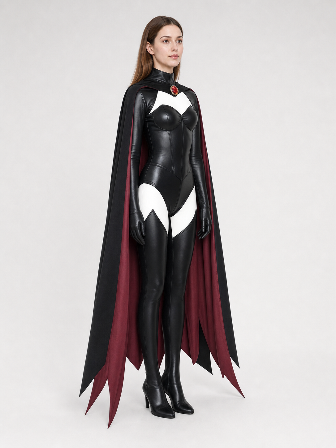 X-Men cosplay costume with cape in a black and burgundy color scheme. The set includes a one-piece costume and a cape, combined into a striking look for role-play transformations and themed events, including Halloween. The design features a