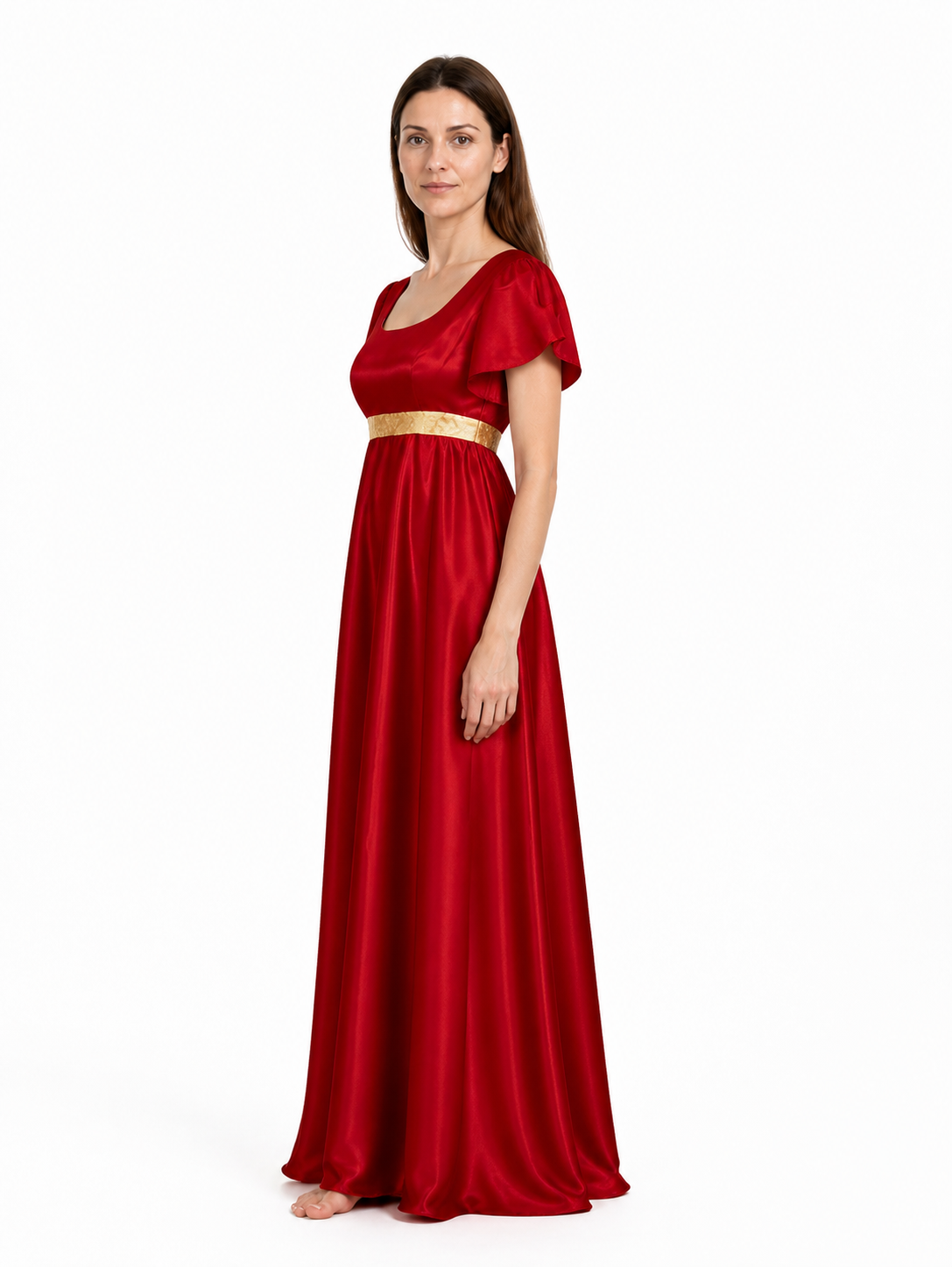 Red Dress with a High Waist and Puff Sleeves side view