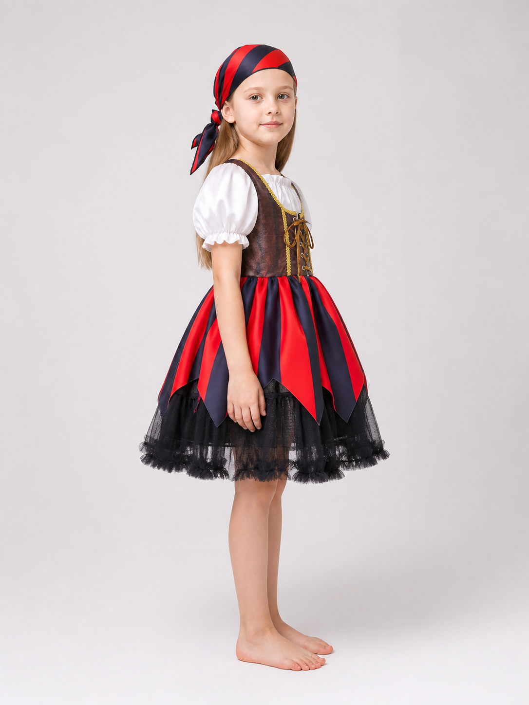 Children's Pirate Costume with Striped Dress and Bandana side view