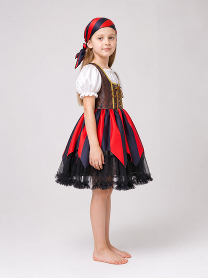 Children's Pirate Costume with Striped Dress and Bandana side view