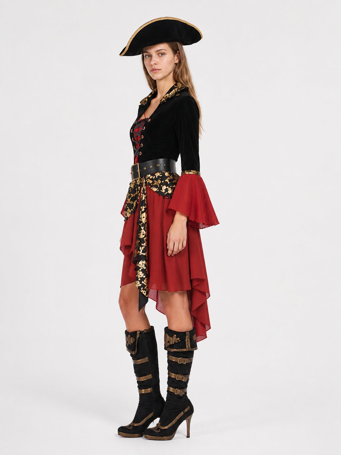 Pirate Costume with Gold Skull and Wine-Colored Skirt side view