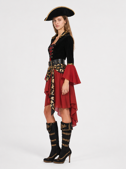 Pirate Costume with Gold Skull and Wine-Colored Skirt side view