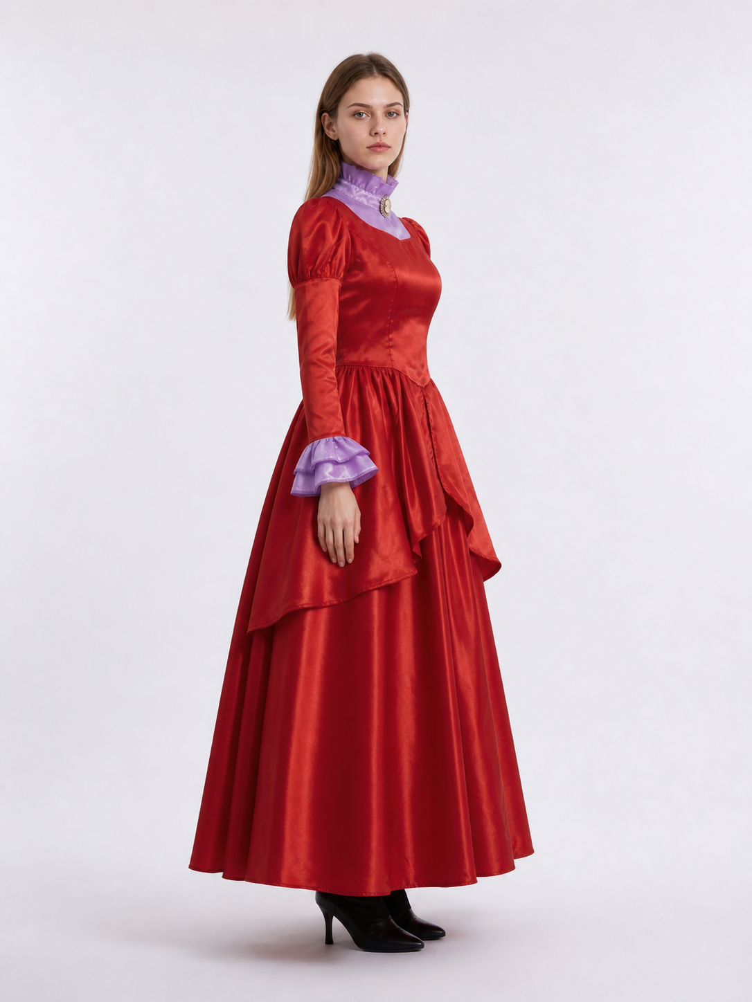 Red Stage Dress with Purple Collar side view