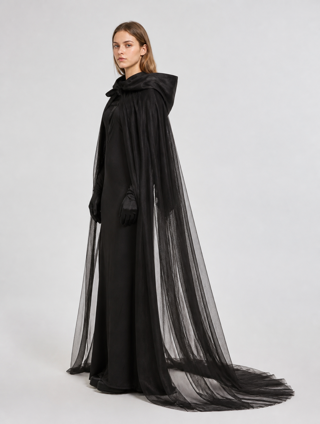 Black Witch Costume with Cape and Gloves side view