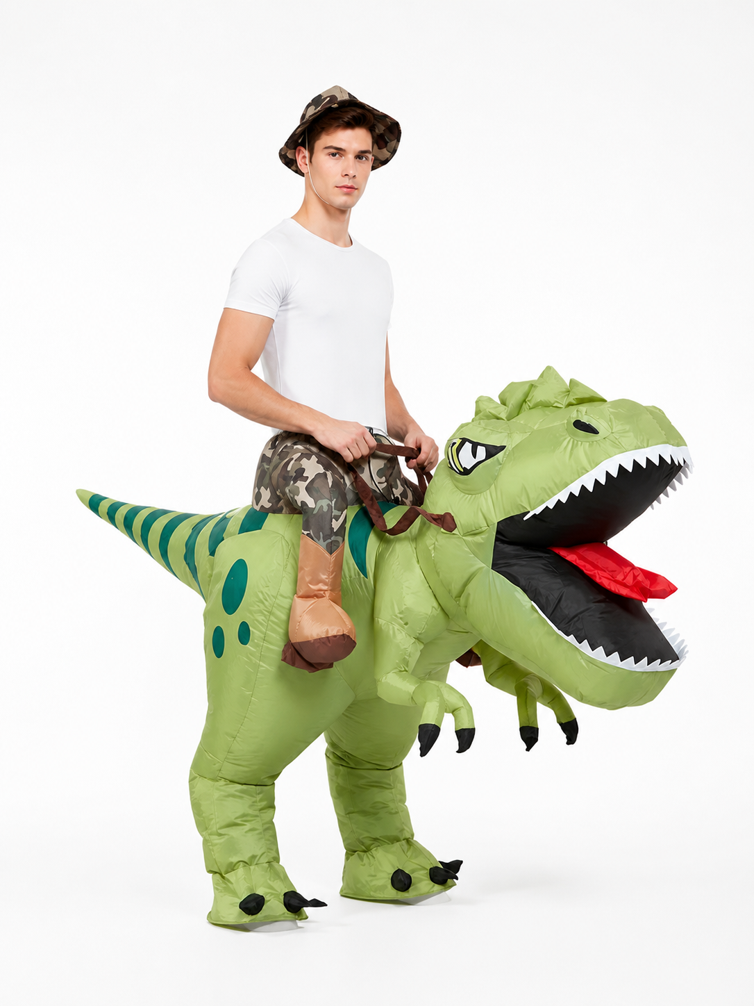 Inflatable Dinosaur Costume with Open Mouth side view